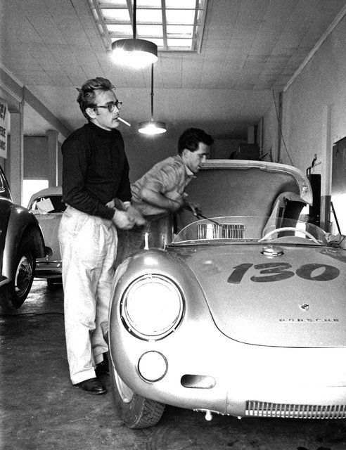 James Dean (with friend / mechanic Rolf) and his 1955 Silver Porsche 550 Spyder – 'Little Bastard'. A cult sports car...