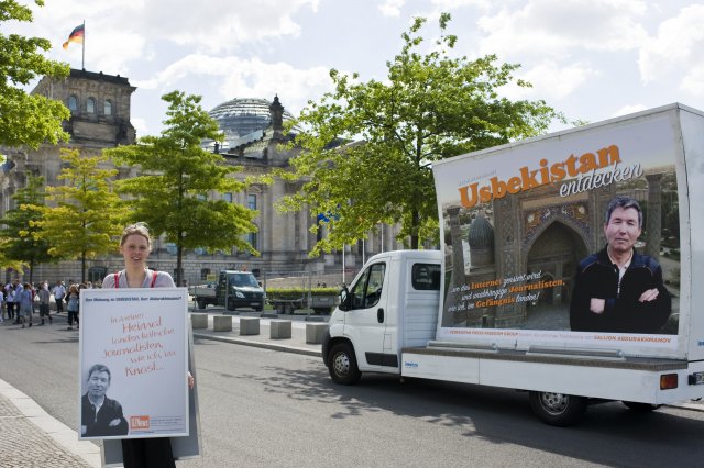 Recent protests in Berlin calling for the release of Uzbek journalist Salijon Abdurakhmanov | source: www.uznews.net